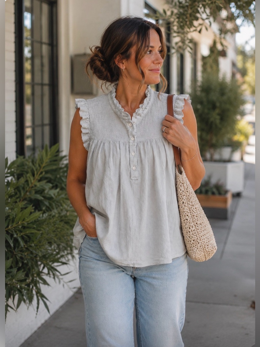 J. Crew Sz L 100% Cotton BabyDoll - Seersucker, Smocking, Ruffles -  Cottagecore